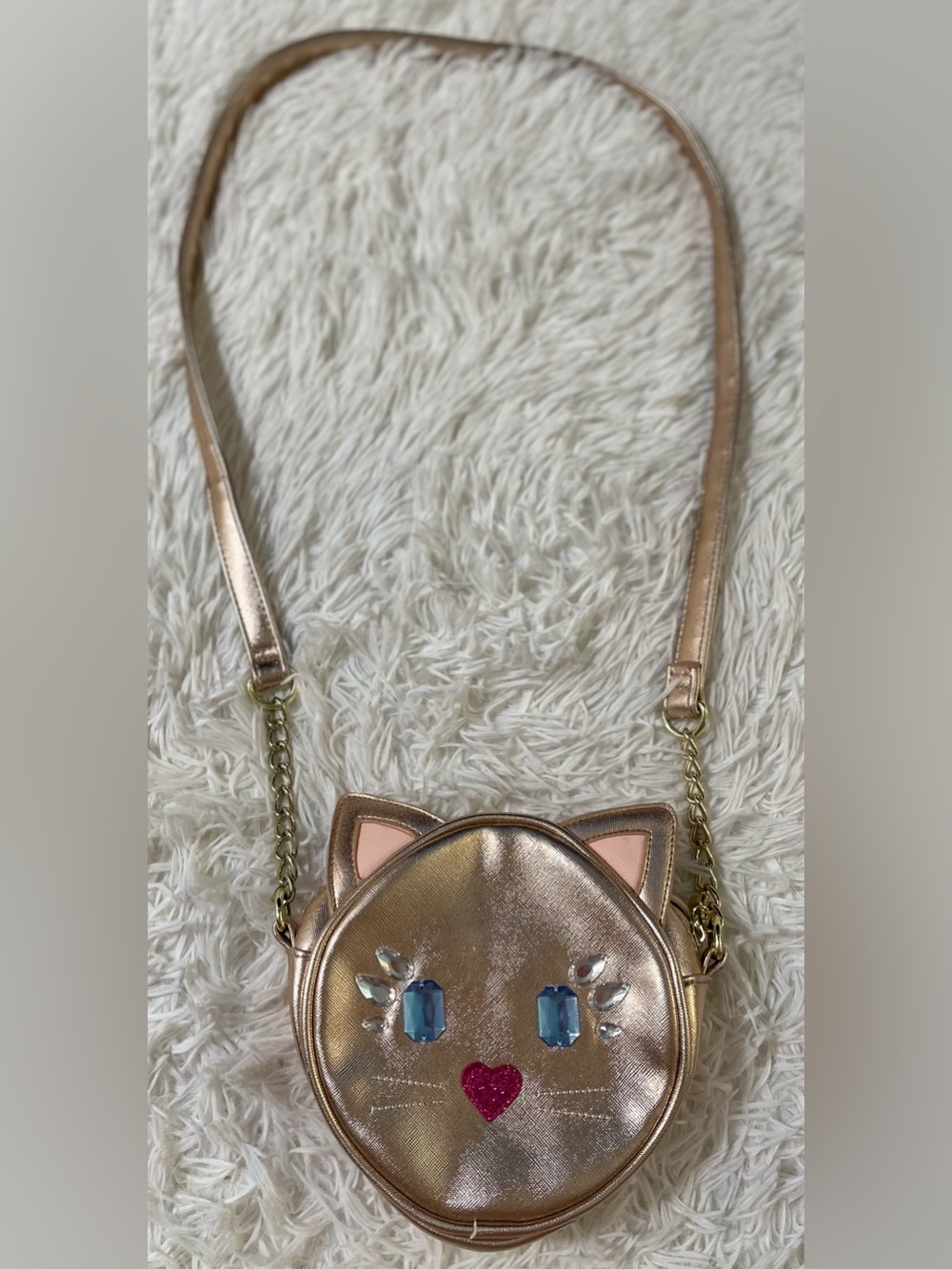 Luv Betsey Johnson Y2K Rose Gold Metallic Bling Jewel Kitty Cat Crossbody Purse